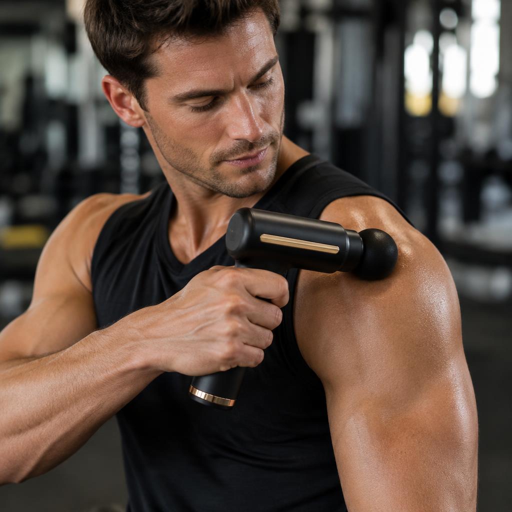 Pistola de masaje en el hombro después del entrenamiento