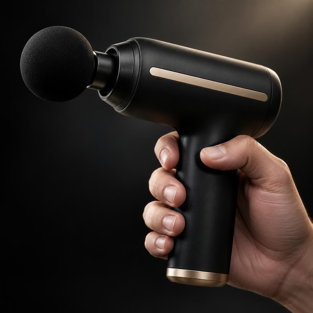 Detalle de la pistola de masaje en la mano